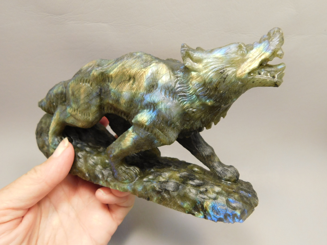 Wolf Figurine Labradorite Stone Animal 7 inch Coyote Carving #O492