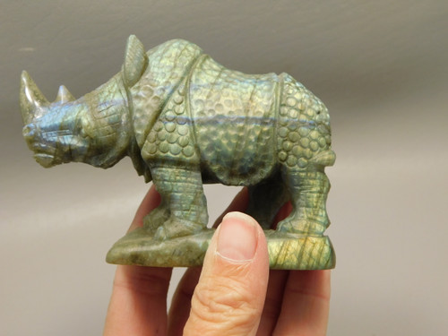 Rhinoceros Figurine Labradorite Hand Carved Stone Animal #O13