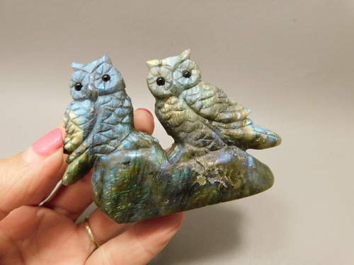 Owls Figurine Labradorite Hand Carved Rock Birds Stone Carving #O359