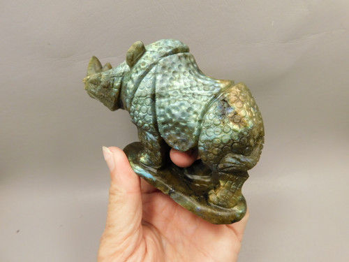 Rhinoceros Figurine Labradorite Hand Carved Stone Animal #O243