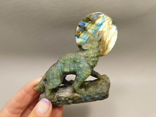 Howling Wolf Moon Figurine Labradorite 3.25 inch Coyote Carving #O01