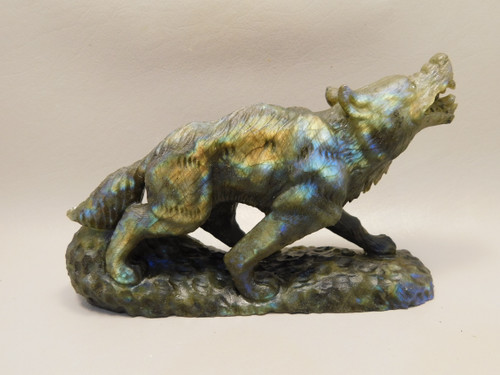 Wolf Figurine Labradorite Stone Animal 7 inch Coyote Carving #O492