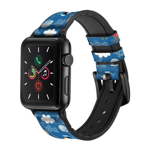 CA0374 Marine Penguin Pattern Leather & Silicone Smart Watch Band Strap For Apple Watch iWatch