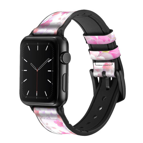 CA0548 Pink Sweet Flower Flora Leather & Silicone Smart Watch Band Strap For Apple Watch iWatch