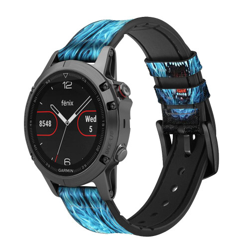 CA0093 Feu bleu Loup Bracelet de montre intelligente en silicone et cuir pour Garmin Smartwatch