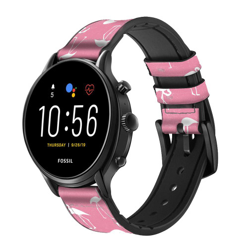 CA0472 Motif Flamant rose Bracelet de montre intelligente en silicone et cuir pour Fossil Smartwatch