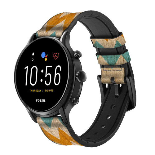 CA0545 Bois Chevron Imprimé millésimé Graphic Bracelet de montre intelligente en silicone et cuir pour Fossil Smartwatch