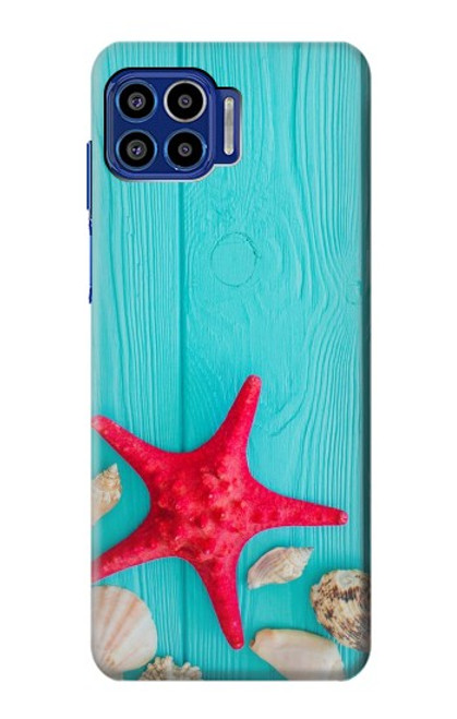 W3428 Aqua Bois Coquille d'étoile de mer Etui Coque Housse et Flip Housse Cuir pour Motorola One 5G