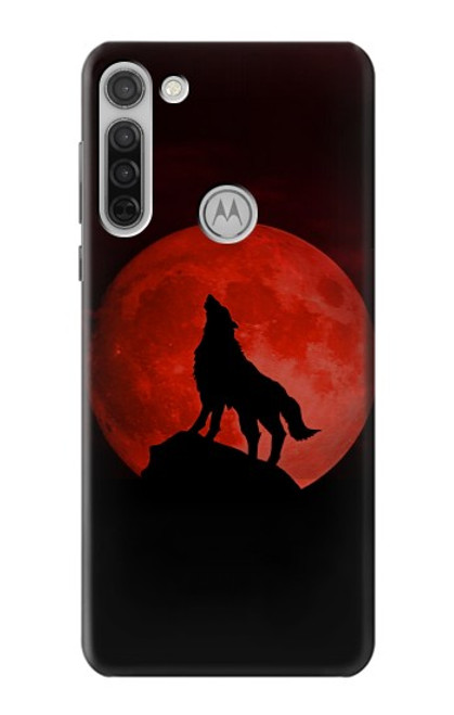 W2955 Loup Hurlant Rouge Lune Etui Coque Housse et Flip Housse Cuir pour Motorola Moto G8