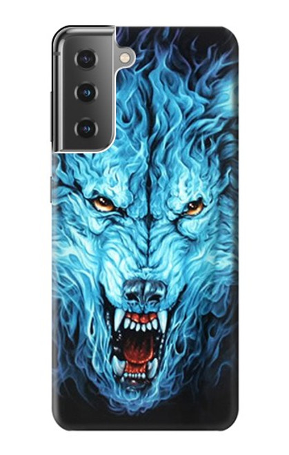 W0752 Feu bleu Loup Etui Coque Housse et Flip Housse Cuir pour Samsung Galaxy S21 Plus 5G, Galaxy S21+ 5G