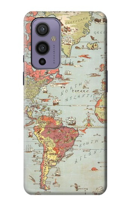 W3418 Carte du monde millésimé Etui Coque Housse et Flip Housse Cuir pour OnePlus 9