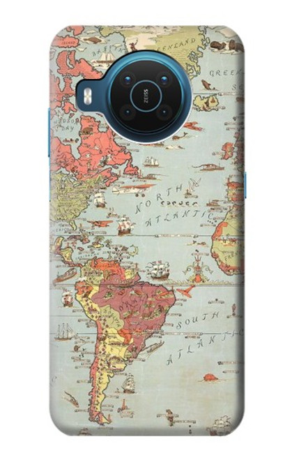 W3418 Carte du monde millésimé Etui Coque Housse et Flip Housse Cuir pour Nokia X20