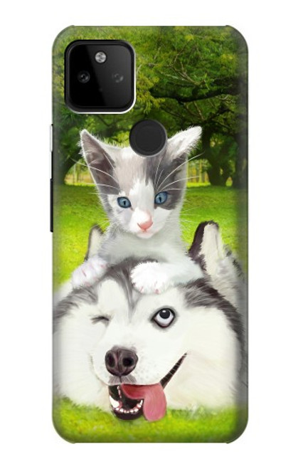 W3795 Peinture Husky Sibérien Ludique Chaton Grincheux Etui Coque Housse et Flip Housse Cuir pour Google Pixel 5A 5G