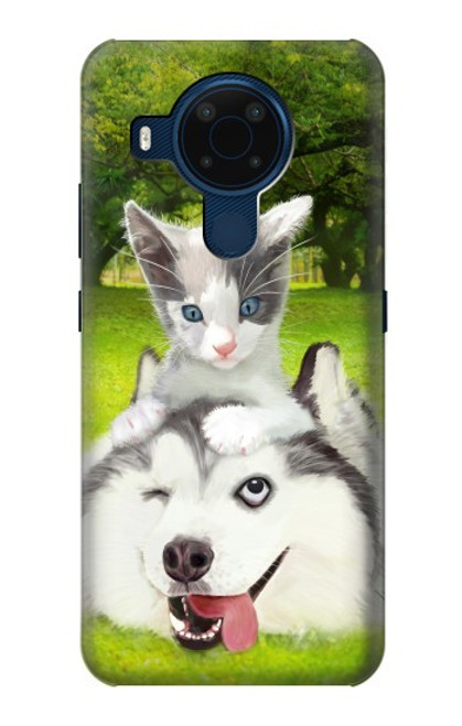 W3795 Peinture Husky Sibérien Ludique Chaton Grincheux Etui Coque Housse et Flip Housse Cuir pour Nokia 5.4