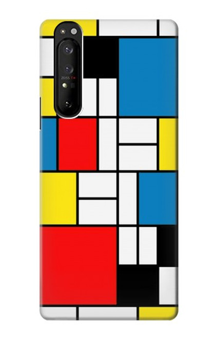 W3814 Composition de dessin au trait Piet Mondrian Etui Coque Housse et Flip Housse Cuir pour Sony Xperia 1 III