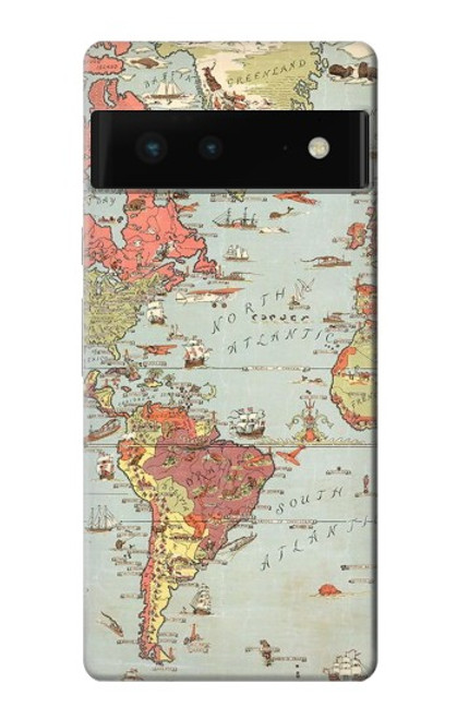 W3418 Carte du monde millésimé Etui Coque Housse et Flip Housse Cuir pour Google Pixel 6