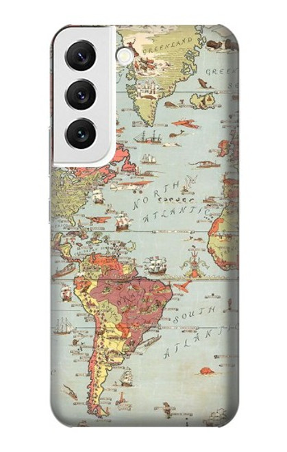 W3418 Carte du monde millésimé Etui Coque Housse et Flip Housse Cuir pour Samsung Galaxy S22