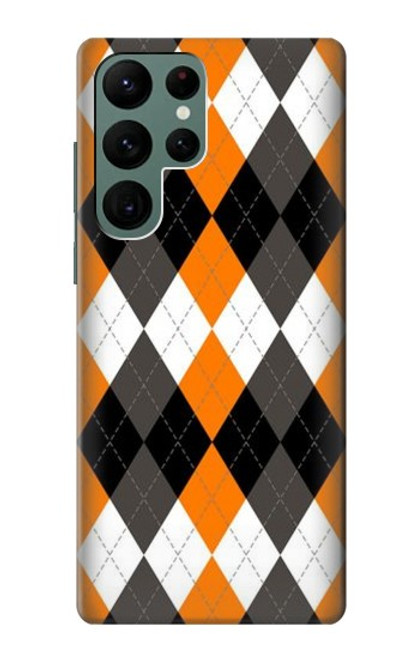 W3421 Noir Orange Blanc Argyle Plaid Etui Coque Housse et Flip Housse Cuir pour Samsung Galaxy S22 Ultra