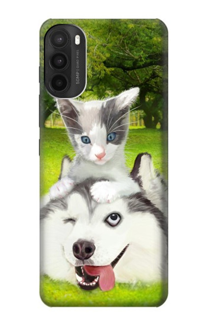 W3795 Peinture Husky Sibérien Ludique Chaton Grincheux Etui Coque Housse et Flip Housse Cuir pour Motorola Moto G71 5G