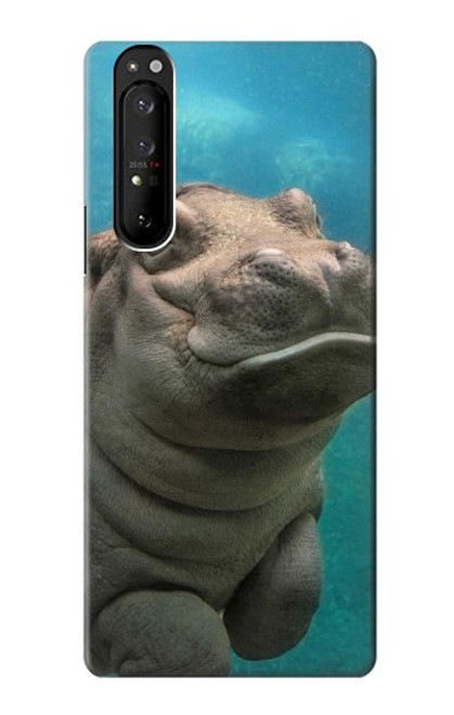 W3871 mignon, bébé, hippopotame, hippopotame Etui Coque Housse et Flip Housse Cuir pour Sony Xperia 1 III
