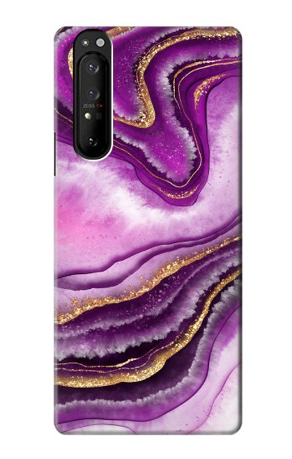 W3896 Stries d'or en marbre violet Etui Coque Housse et Flip Housse Cuir pour Sony Xperia 1 III