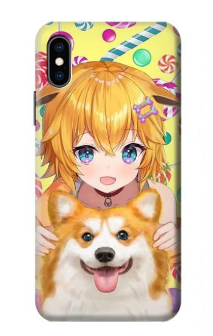 W3918 Bébé Corgi Chien Corgi Fille Bonbons Etui Coque Housse et Flip Housse Cuir pour iPhone X, iPhone XS