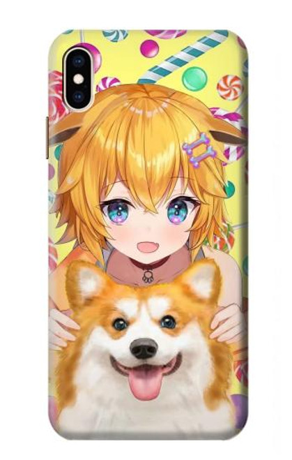 W3918 Bébé Corgi Chien Corgi Fille Bonbons Etui Coque Housse et Flip Housse Cuir pour iPhone XS Max