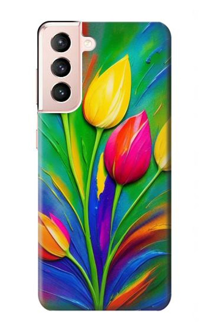 W3926 Peinture à l'huile de tulipe colorée Etui Coque Housse et Flip Housse Cuir pour Samsung Galaxy S21 5G