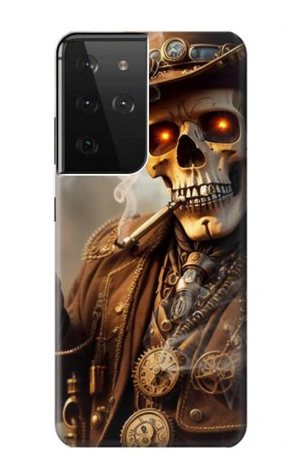 W3949 Crâne Steampunk Fumer Etui Coque Housse et Flip Housse Cuir pour Samsung Galaxy S21 Ultra 5G