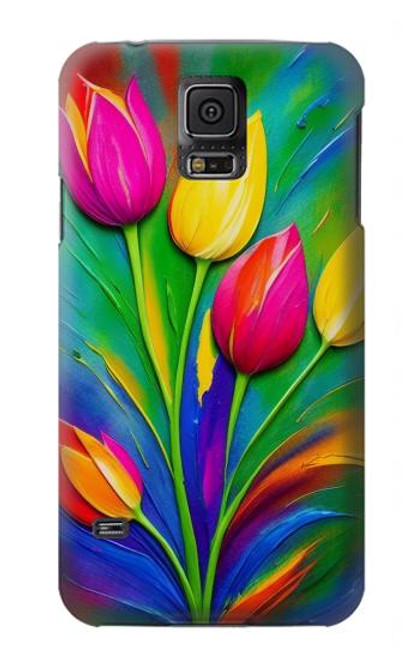 W3926 Peinture à l'huile de tulipe colorée Etui Coque Housse et Flip Housse Cuir pour Samsung Galaxy S5