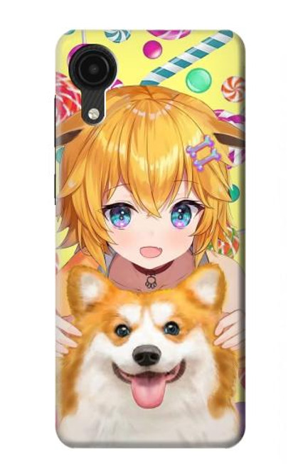 W3918 Bébé Corgi Chien Corgi Fille Bonbons Etui Coque Housse et Flip Housse Cuir pour Samsung Galaxy A03 Core