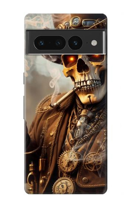 W3949 Crâne Steampunk Fumer Etui Coque Housse et Flip Housse Cuir pour Google Pixel 7 Pro