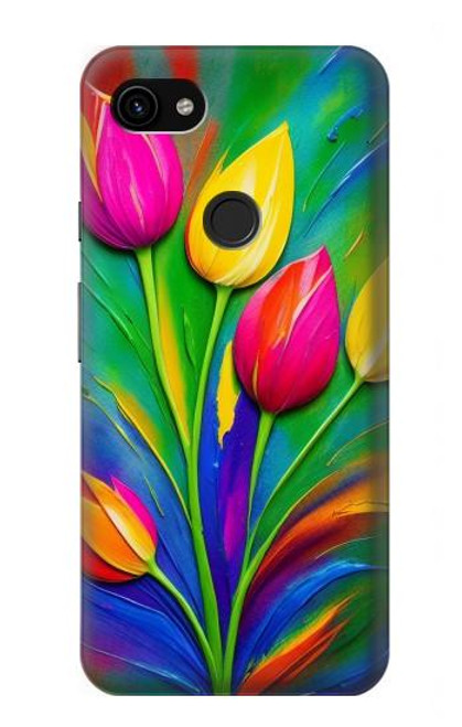 W3926 Peinture à l'huile de tulipe colorée Etui Coque Housse et Flip Housse Cuir pour Google Pixel 3a XL