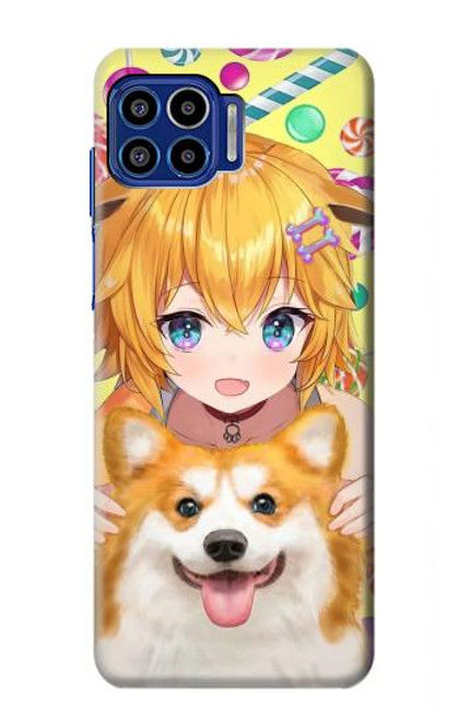 W3918 Bébé Corgi Chien Corgi Fille Bonbons Etui Coque Housse et Flip Housse Cuir pour Motorola One 5G