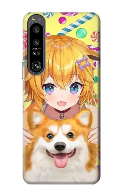 W3918 Bébé Corgi Chien Corgi Fille Bonbons Etui Coque Housse et Flip Housse Cuir pour Sony Xperia 1 IV