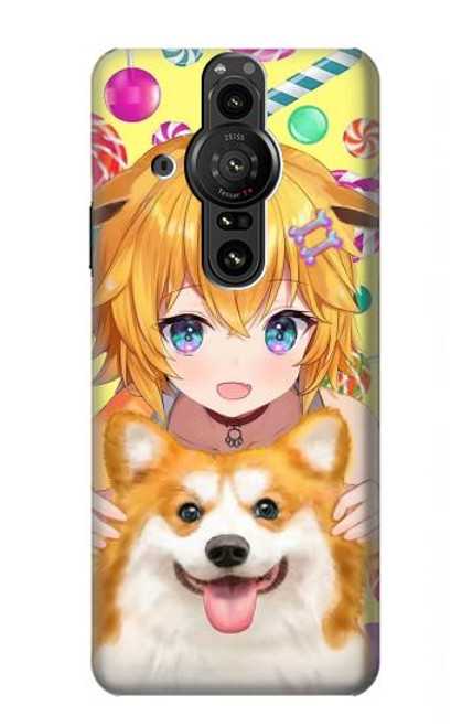 W3918 Bébé Corgi Chien Corgi Fille Bonbons Etui Coque Housse et Flip Housse Cuir pour Sony Xperia Pro-I