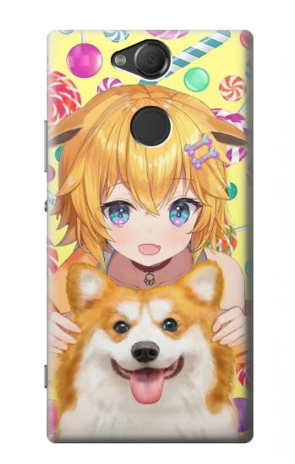 W3918 Bébé Corgi Chien Corgi Fille Bonbons Etui Coque Housse et Flip Housse Cuir pour Sony Xperia XA2