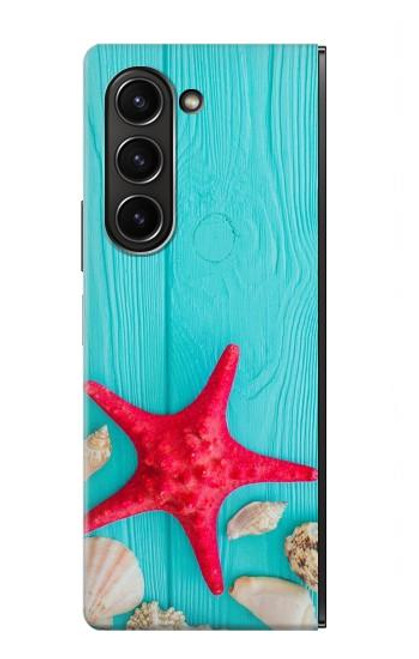 W3428 Aqua Bois Coquille d'étoile de mer Etui Coque Housse et Flip Housse pour Samsung Galaxy Z Fold 5