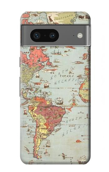 W3418 Carte du monde millésimé Etui Coque Housse et Flip Housse Cuir pour Google Pixel 7a