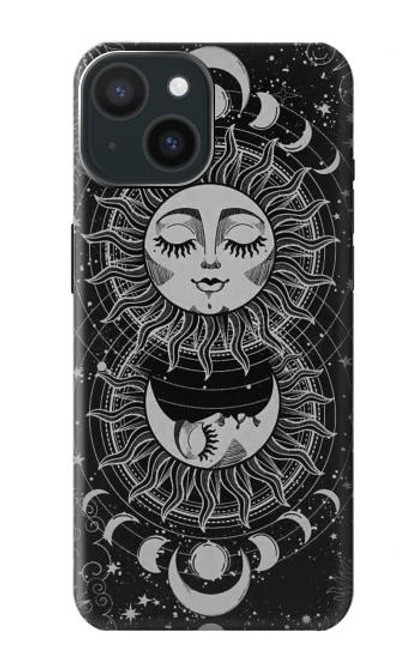 W3854 Visage de soleil mystique Croissant de lune Etui Coque Housse et Flip Housse Cuir pour iPhone 15