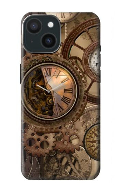 W3927 Boussole Horloge Gage Steampunk Etui Coque Housse et Flip Housse Cuir pour iPhone 15