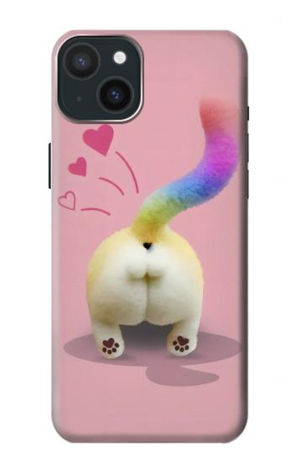 W3923 Queue d'arc-en-ciel de fond de chat Etui Coque Housse et Flip Housse Cuir pour iPhone 15 Plus