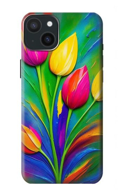 W3926 Peinture à l'huile de tulipe colorée Etui Coque Housse et Flip Housse Cuir pour iPhone 15 Plus