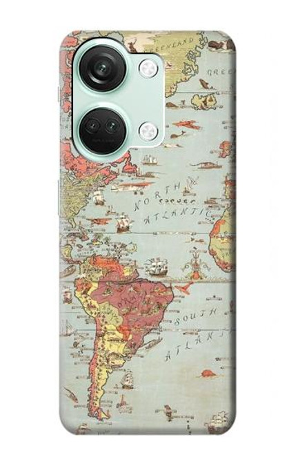 W3418 Carte du monde millésimé Etui Coque Housse et Flip Housse Cuir pour OnePlus Nord 3