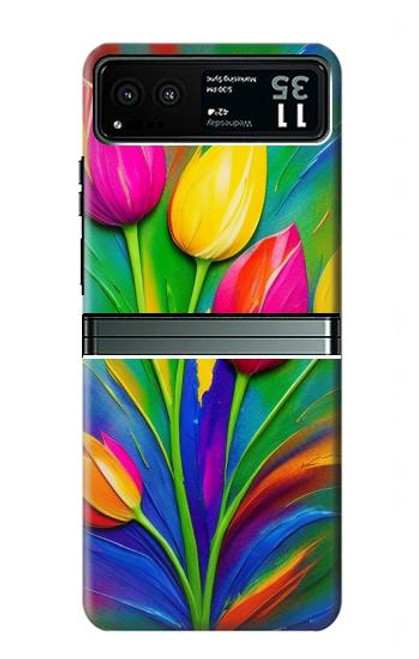 W3926 Peinture à l'huile de tulipe colorée Etui Coque Housse et Flip Housse Cuir pour Motorola Razr 40