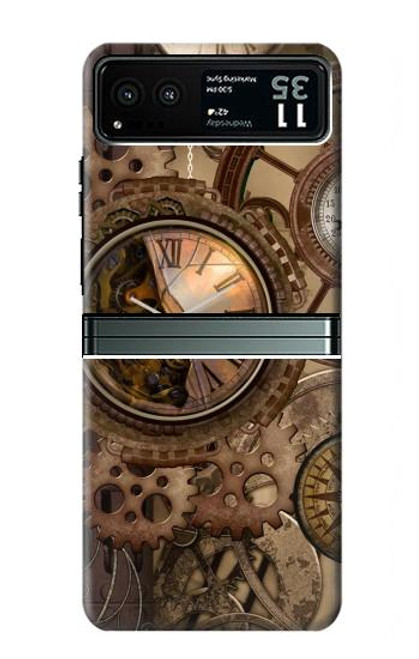 W3927 Boussole Horloge Gage Steampunk Etui Coque Housse et Flip Housse Cuir pour Motorola Razr 40