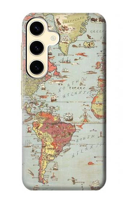 W3418 Carte du monde millésimé Etui Coque Housse et Flip Housse Cuir pour Samsung Galaxy S24