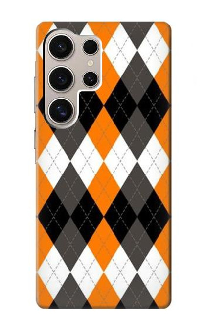 W3421 Noir Orange Blanc Argyle Plaid Etui Coque Housse et Flip Housse Cuir pour Samsung Galaxy S24 Ultra