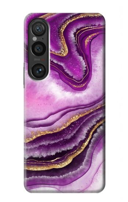 W3896 Stries d'or en marbre violet Etui Coque Housse et Flip Housse Cuir pour Sony Xperia 1 VI