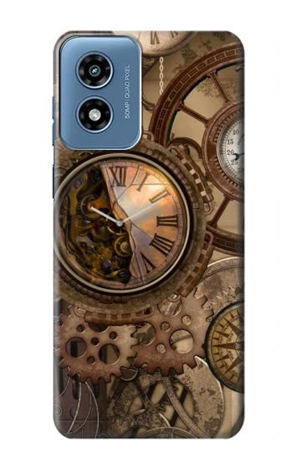 W3927 Boussole Horloge Gage Steampunk Etui Coque Housse et Flip Housse Cuir pour Motorola Moto G Play 4G (2024)